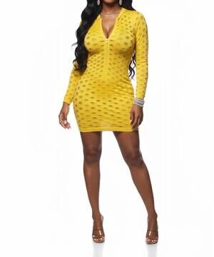 NEW JNK distress over stress long sleeve distress detail mini dress in yellow